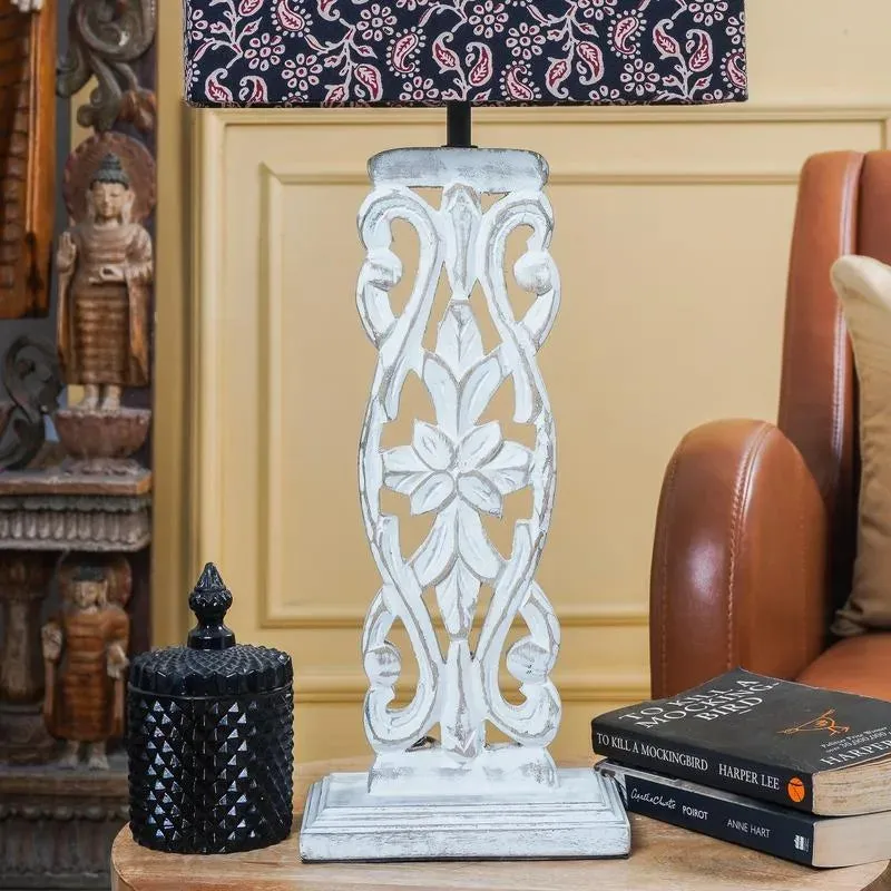 Wooden Carved Lamp With Traditional Black Shade