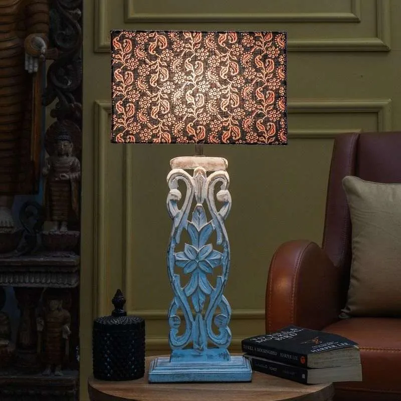 Wooden Carved Lamp With Traditional Black Shade