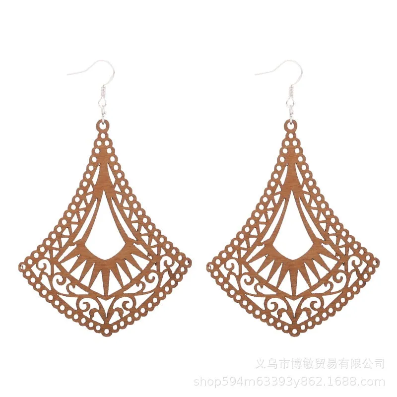 WOODEN GEOMETRIC CARVED EARRINGS
