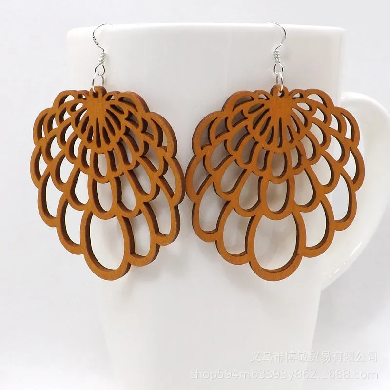 WOODEN GEOMETRIC CARVED EARRINGS
