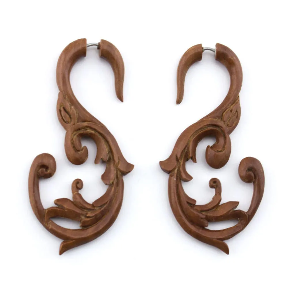 Wooden Nakoda Swirl Hanging Fake Gauge Earrings