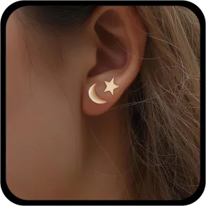 YienDoo Tiny Moon Star Earrings Stud Gold Star Crescent Moon Post Earrings Minimalist Small Cartilage Tragus Stud Earring Boho Asymmetrical Moon Star Earrings Jewelry for Women
