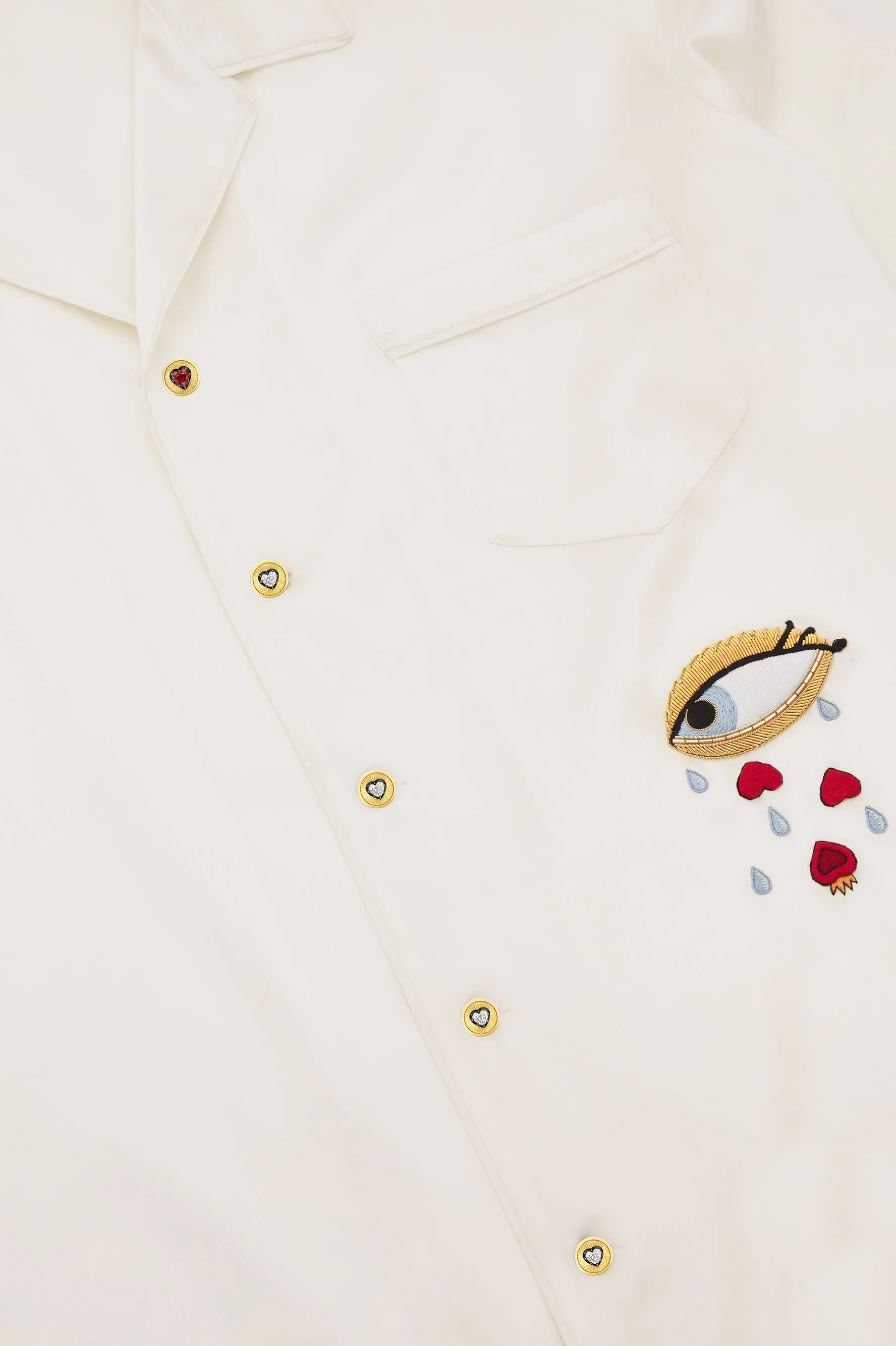 Yves Desire Ivory Pyjamas in Silk With Ruby And Diamond Buttons by Jessica McCormack