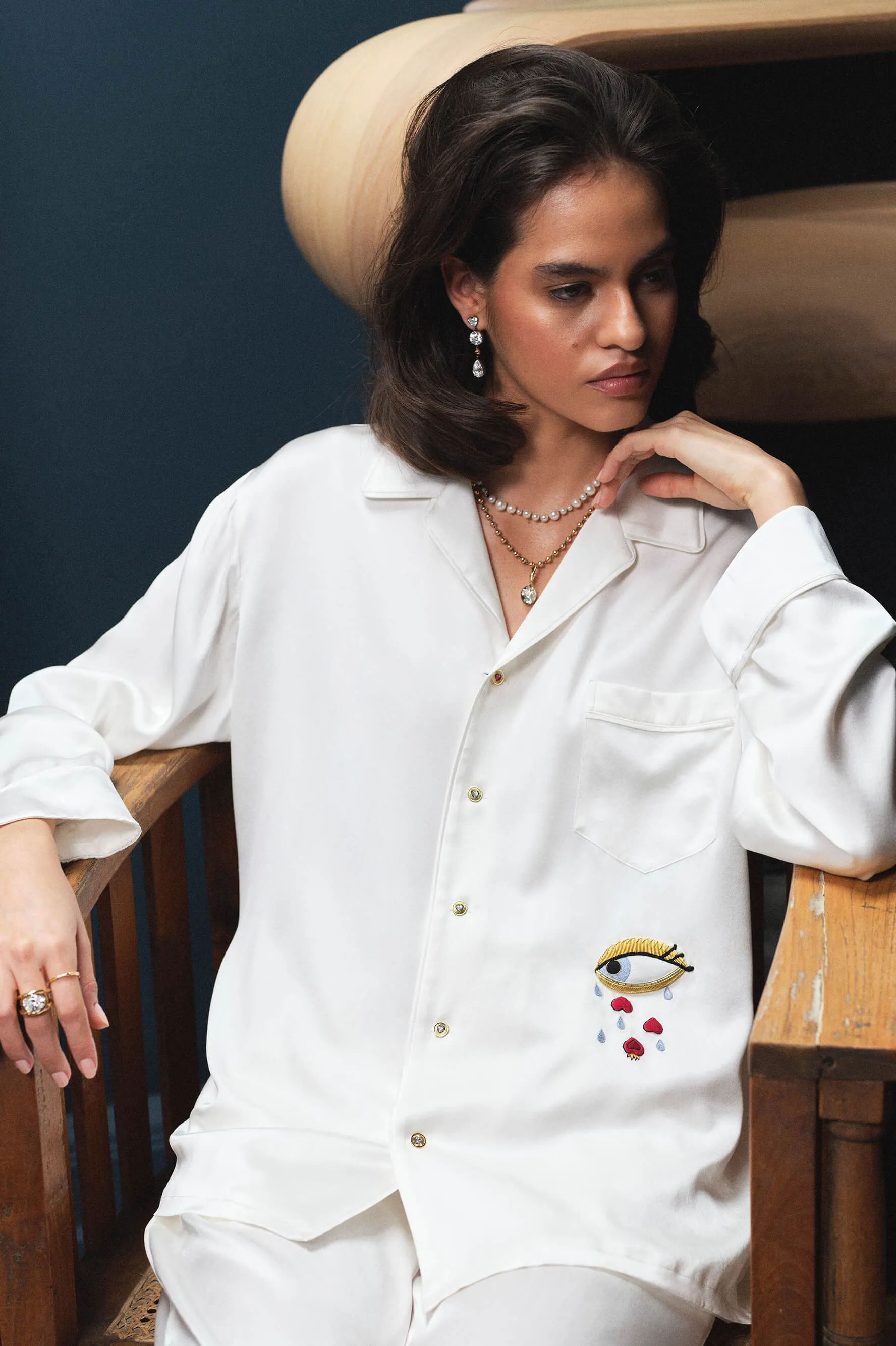 Yves Desire Ivory Pyjamas in Silk With Ruby And Diamond Buttons by Jessica McCormack