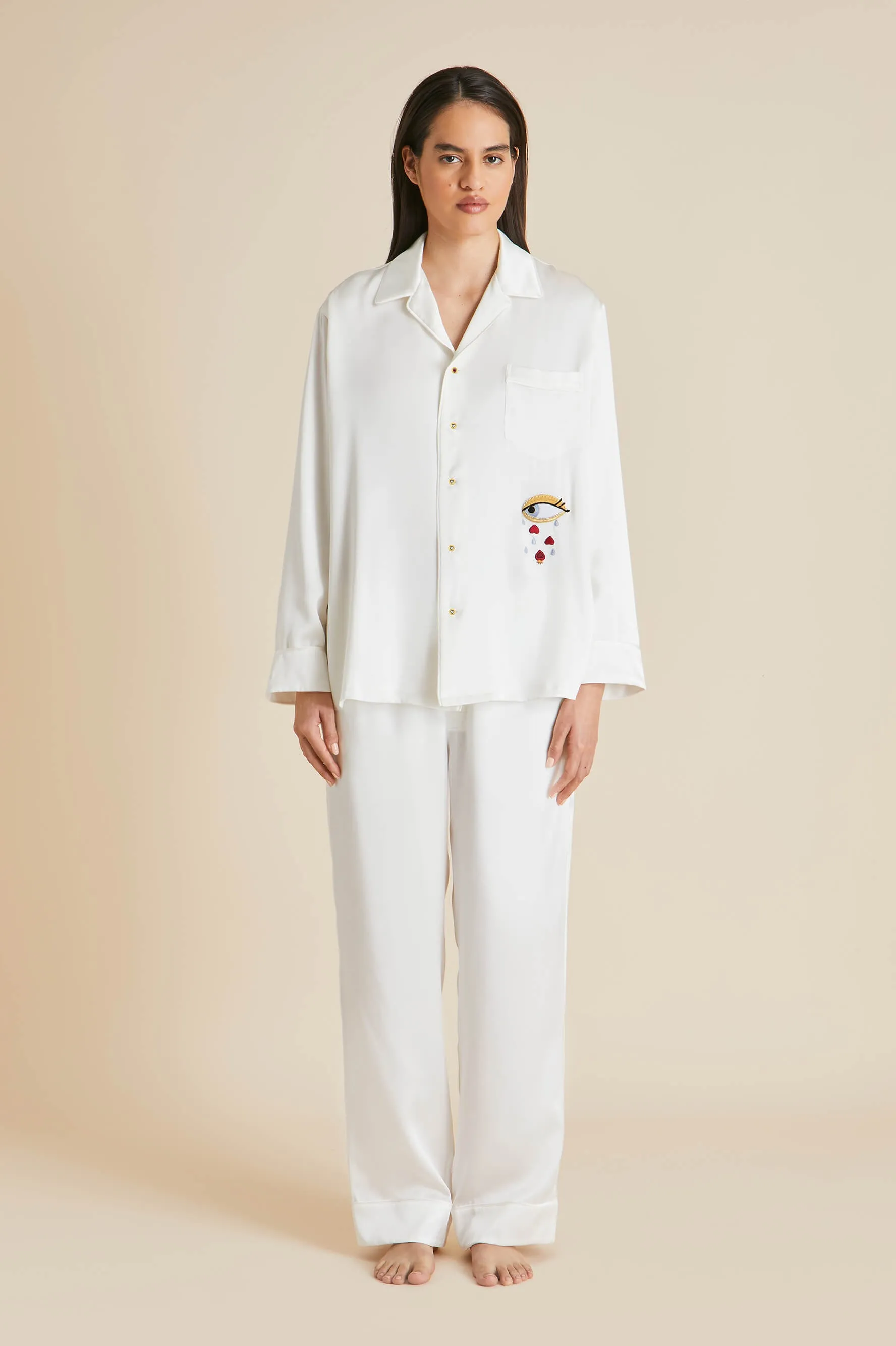 Yves Desire Ivory Pyjamas in Silk With Ruby And Diamond Buttons by Jessica McCormack