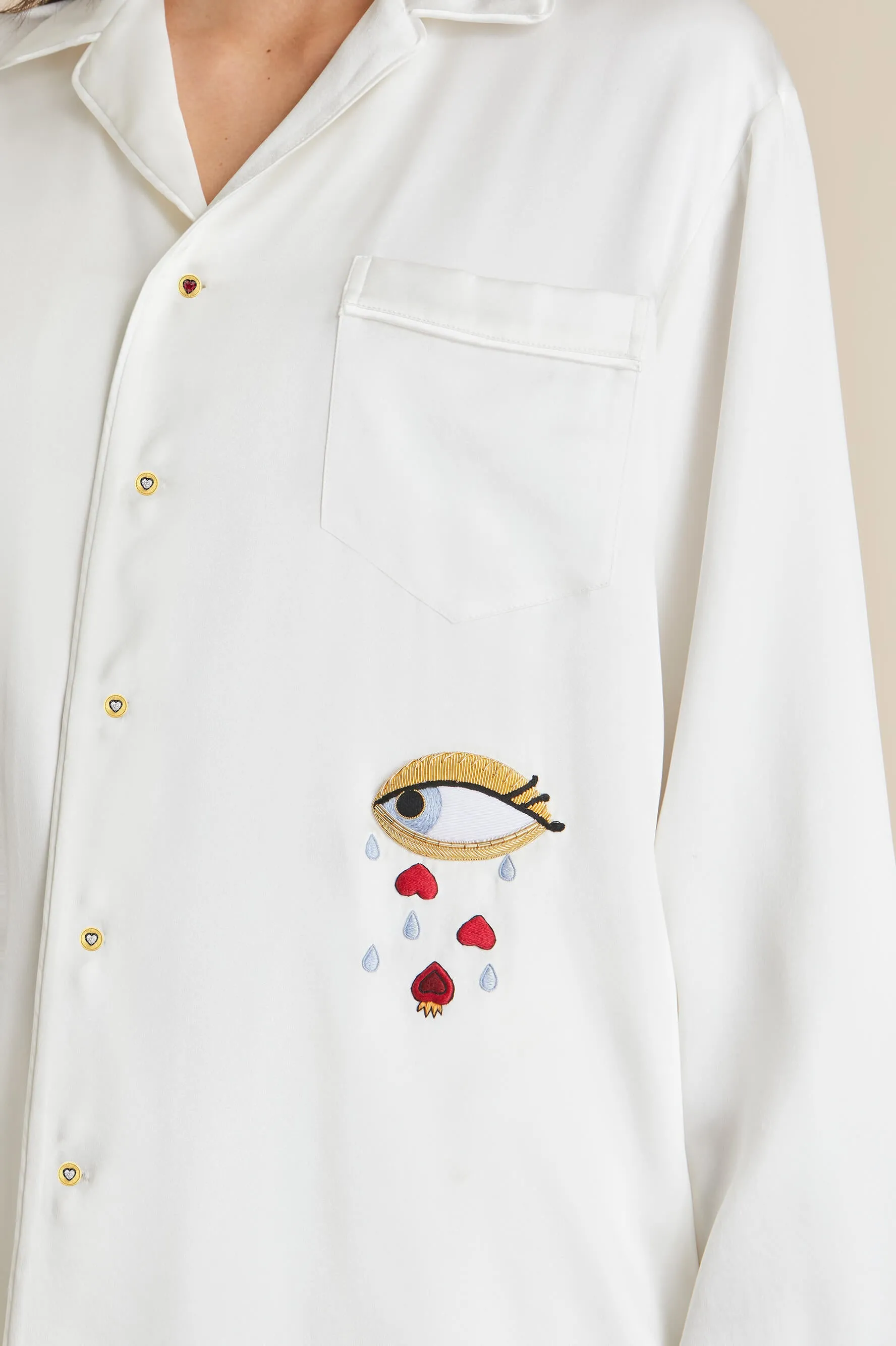 Yves Desire Ivory Pyjamas in Silk With Ruby And Diamond Buttons by Jessica McCormack