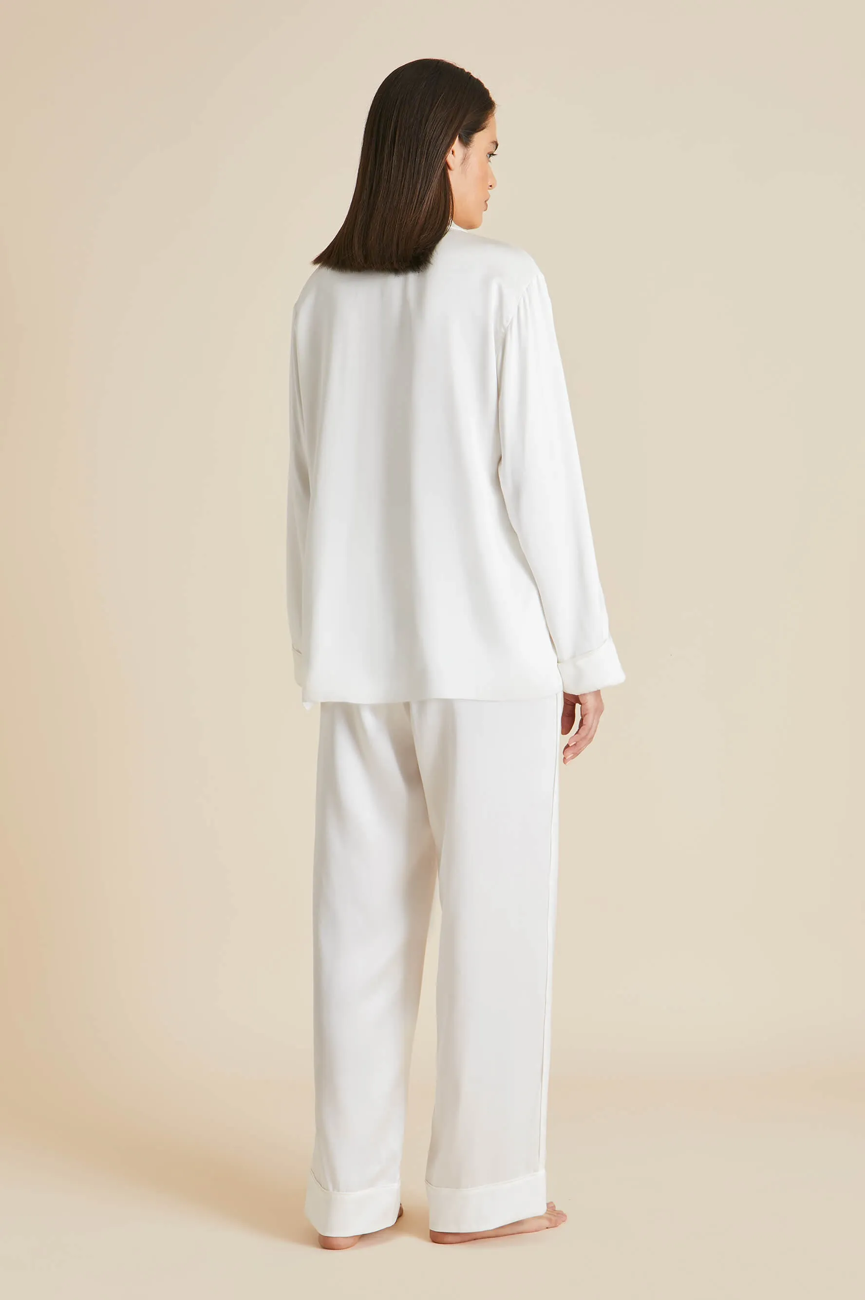 Yves Desire Ivory Pyjamas in Silk With Ruby And Diamond Buttons by Jessica McCormack