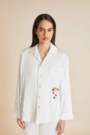 Yves Desire Ivory Pyjamas in Silk With Ruby And Diamond Buttons by Jessica McCormack