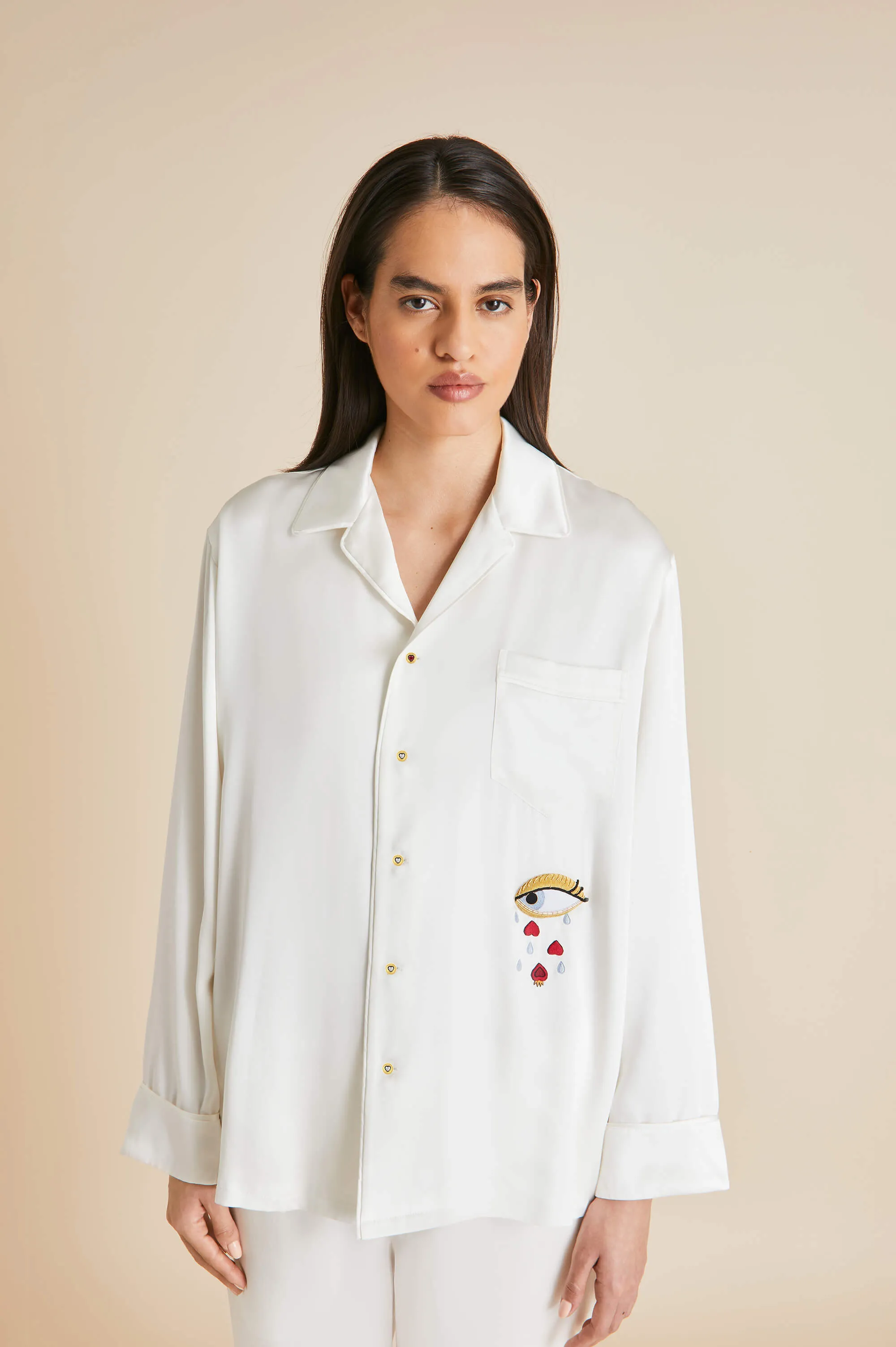 Yves Desire Ivory Pyjamas in Silk With Ruby And Diamond Buttons by Jessica McCormack