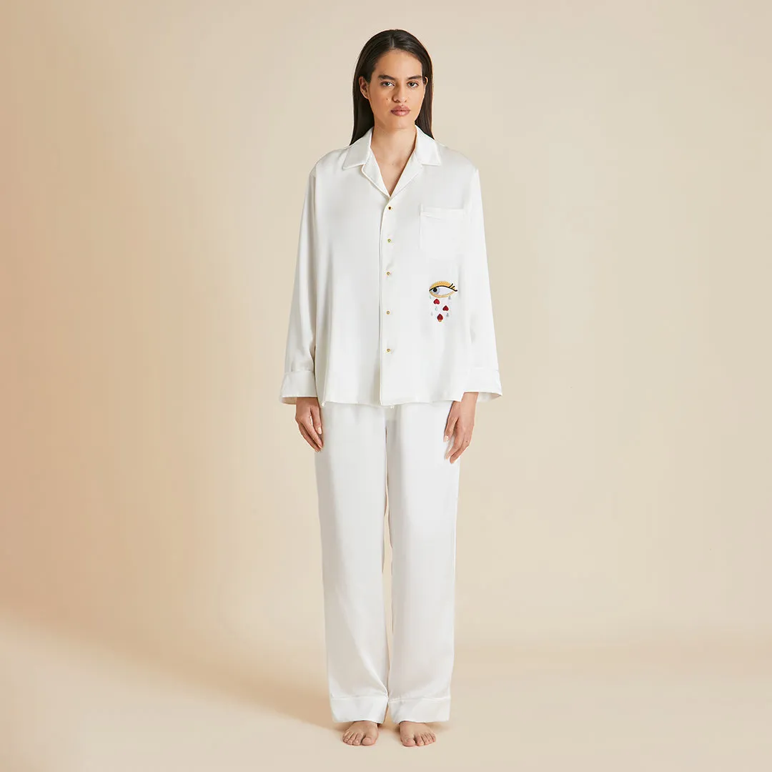 Yves Desire Ivory Pyjamas in Silk With Ruby And Diamond Buttons by Jessica McCormack