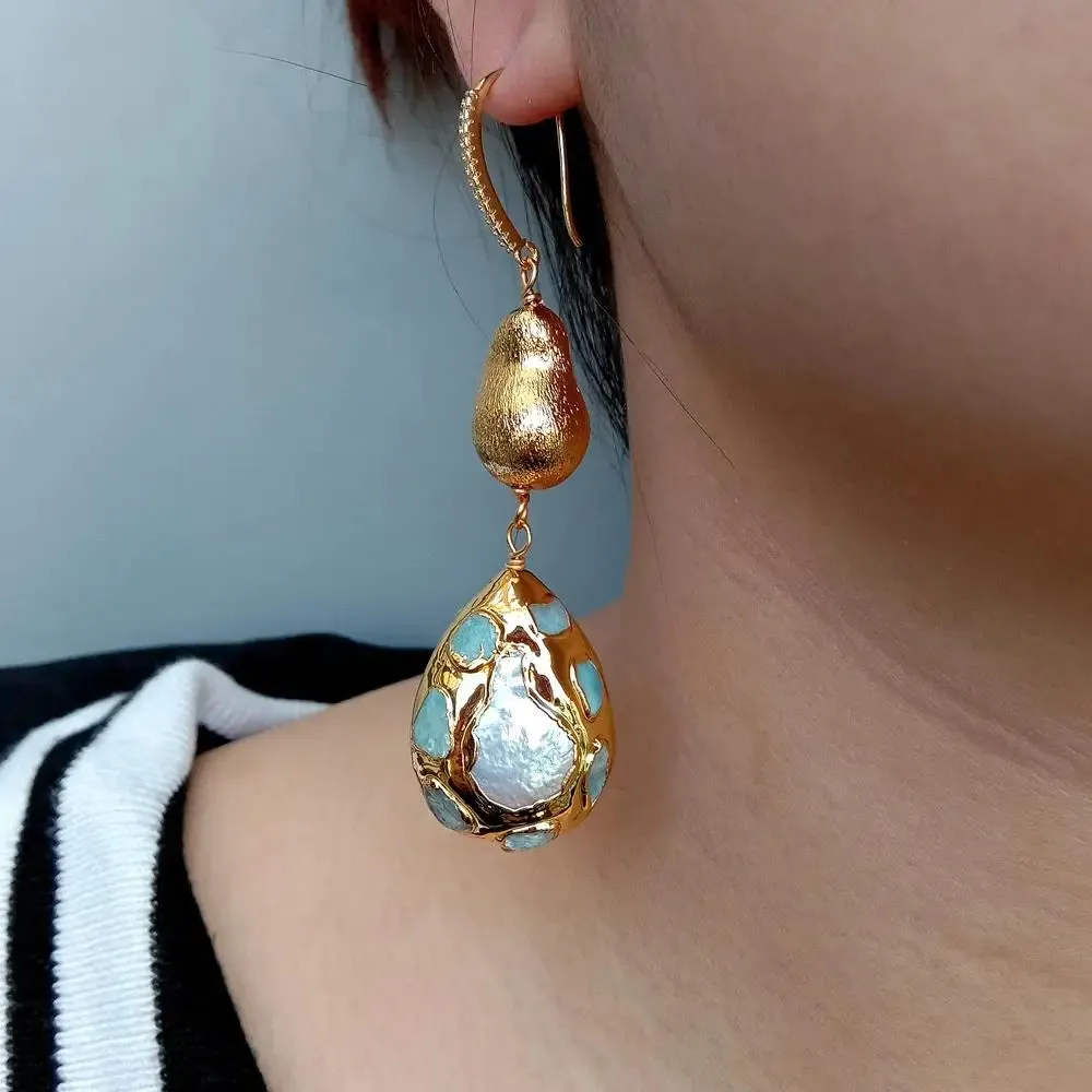 Y·YING natural Cultured White Pearl Teardrop Shape Dangle Hook Earrings