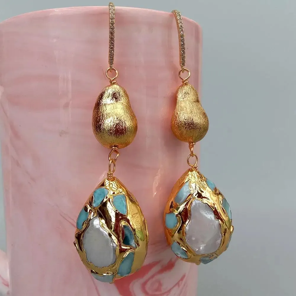 Y·YING natural Cultured White Pearl Teardrop Shape Dangle Hook Earrings