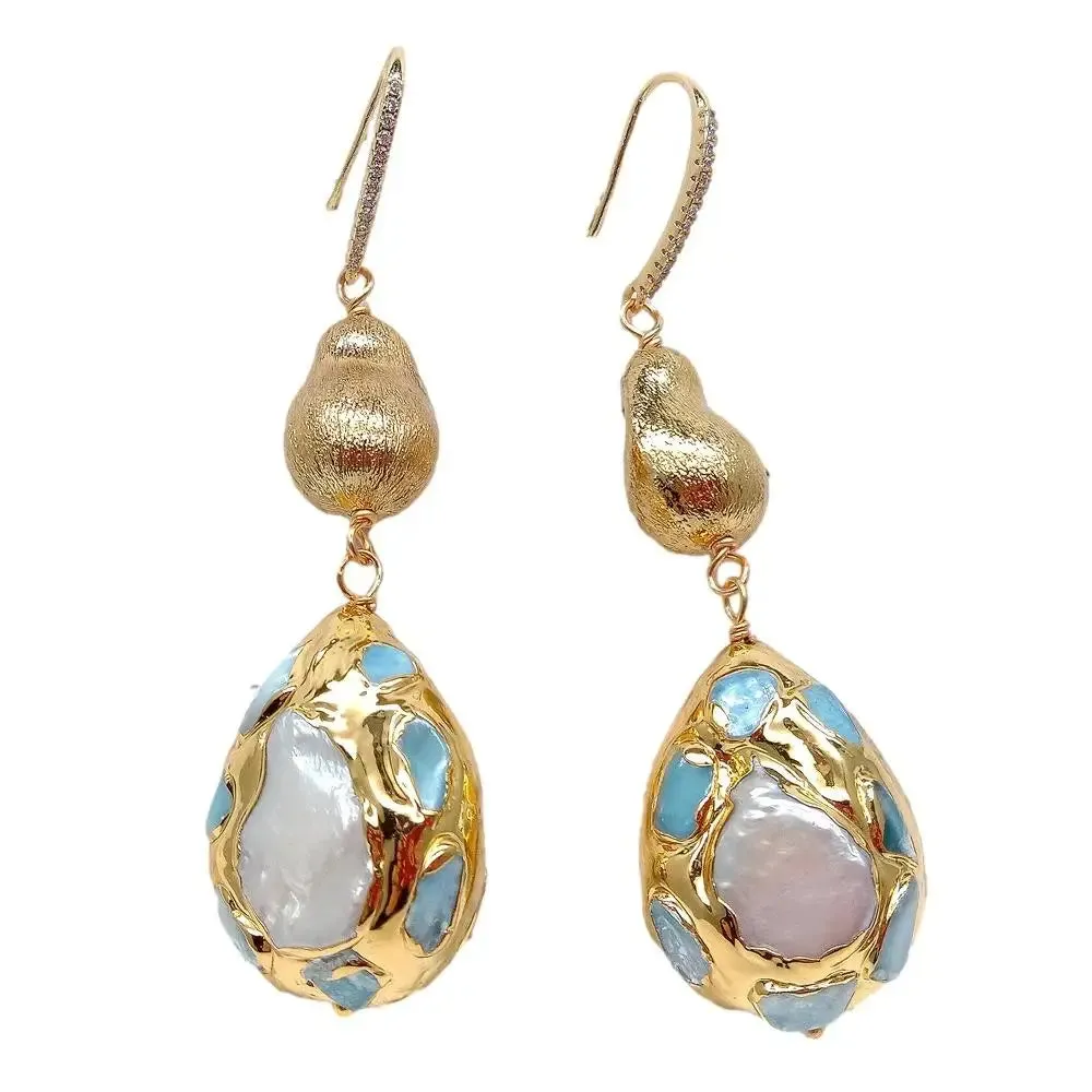 Y·YING natural Cultured White Pearl Teardrop Shape Dangle Hook Earrings