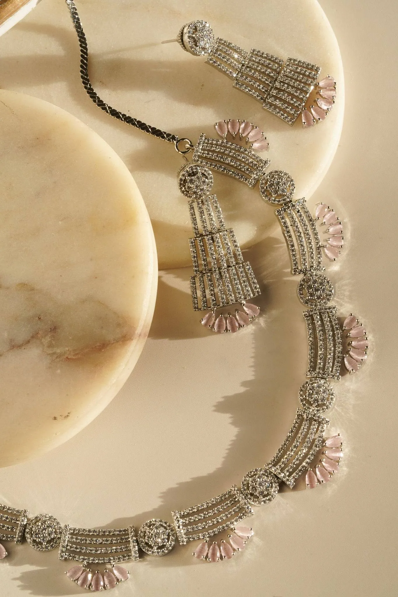 Zareena - Rhodium Plated Intricate AD Necklace Set