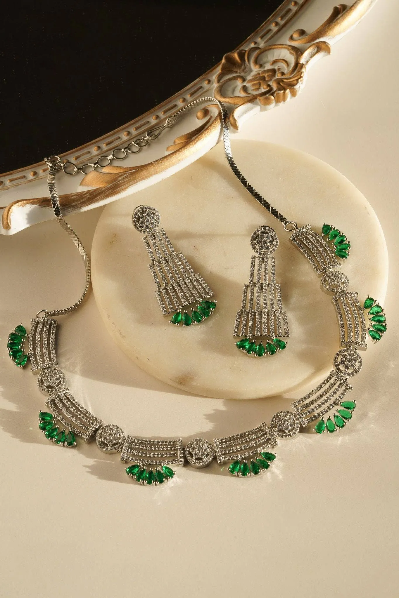 Zareena - Rhodium Plated Intricate AD Necklace Set